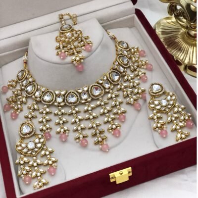 Bollywood Kundan Jhaalar Necklace set - Pebble Pink