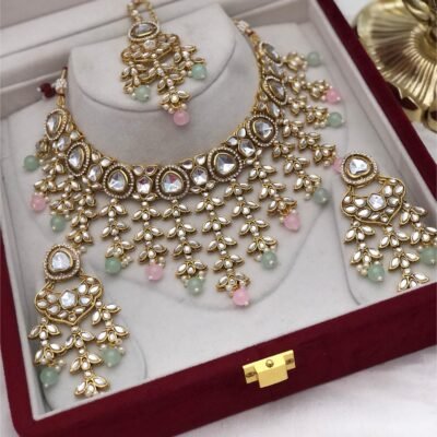Bollywood Kundan Jhaalar Necklace set - Mint+Pink