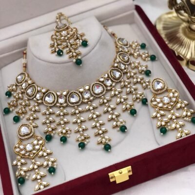Bollywood Kundan Jhaalar Necklace set - Emerald Green