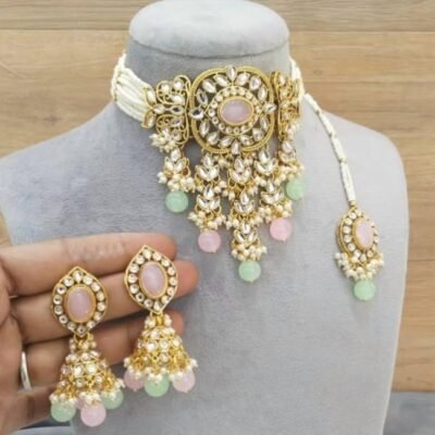 Designer Bollywood Kundan Choker Set Mint Pink
