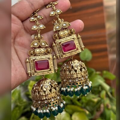 Premium Antique Oversized Ruby Panna Jhumka