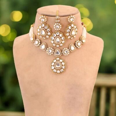 Premium Moizzonite Kundan Necklace set Ivory