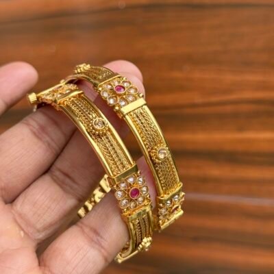 Premium Antique Brass Bangles Polki n Ruby