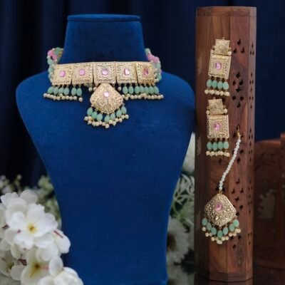 Real Goldlook Most Demanded Choker set Mint Pink