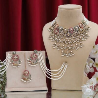 Premium Pakistani Polki Jhaalar Necklace with Earings Tikka and Sahare Navratna