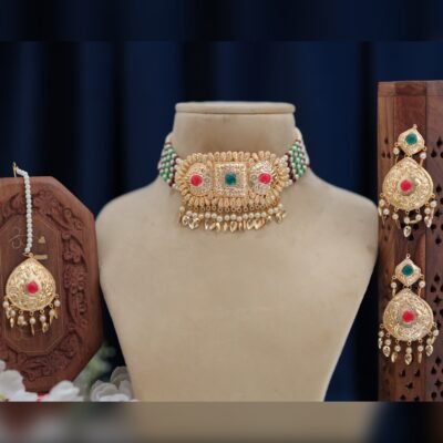 Real Goldlook Top Trending Pippal Patti Choker set Ruby Green