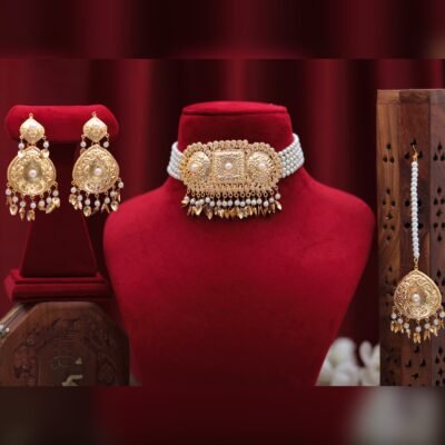 Real Goldlook Top Trending Pippal Patti Choker set Ivory Pearl