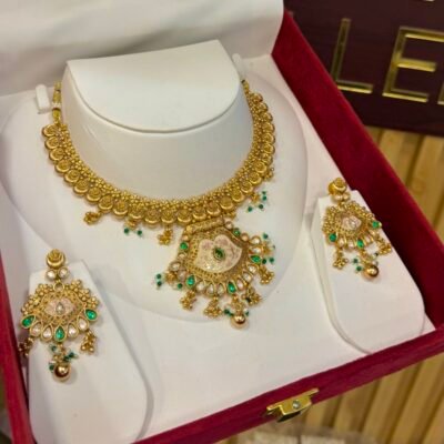 Real Goldlook Antique Emerald and Meenakari necklace set