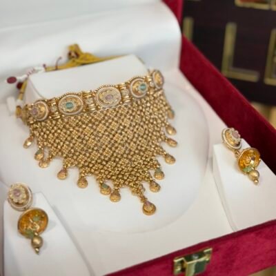 Real Goldlook Antique Collar Jhaalar set Mint Pink