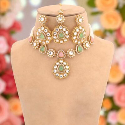Premium Moizzonite Kundan Necklace set Mint Pink