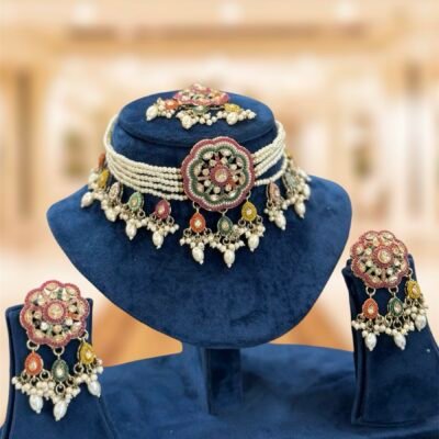 Designer Pakistani Polki Choker with Tops Tikka Navratna