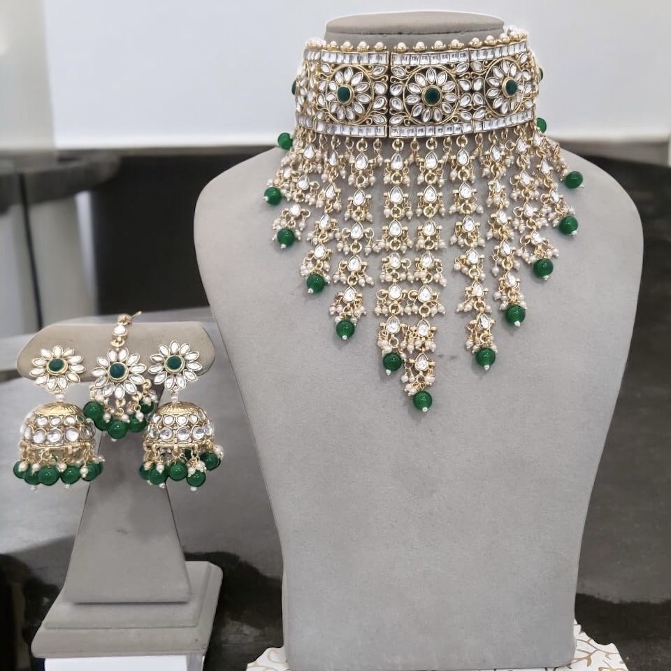 Premium Kundan Jhaalar set Green