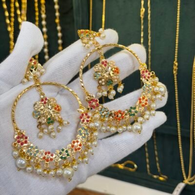 Real Gold Look Navratna Chandbaali Earings