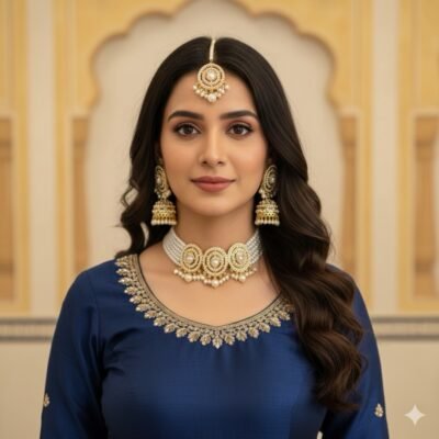 Real Gold Look Pakistani Jadau Choker set Ivory