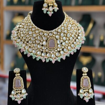 Bollywood Uncut Kundan Necklace set Mint Pink