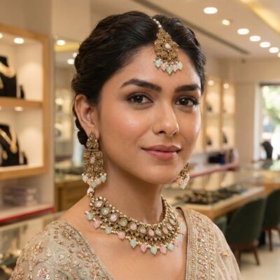 Premium Polki Necklace set Mint Pink