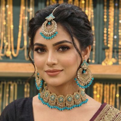 Elegant Polki choker with Earings Tikka