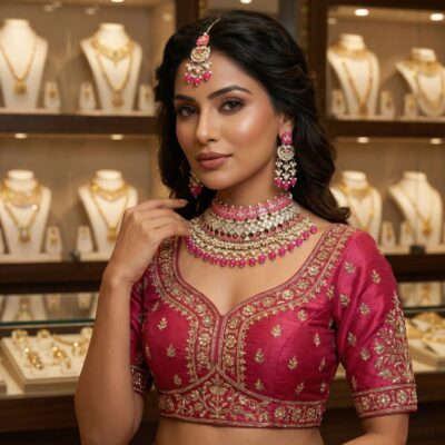 Kundan and Meenekari Necklace set Hot Pink