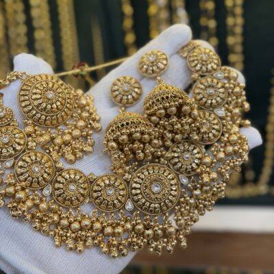 Antique Gold Look Necklace with Jhumka Tikka Gold