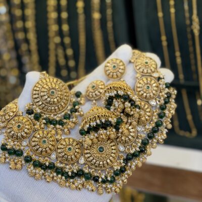 Antique Gold Look Necklace with Jhumka Tikka Green