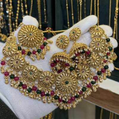 Antique Gold Look Necklace set With Jhumka Tikka Ruby Panna