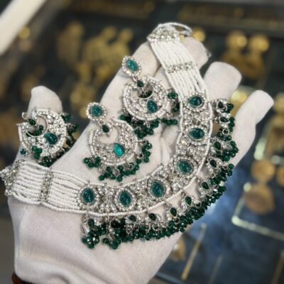 Premium Silver Base Polki Necklace set Green
