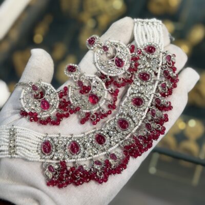 Premium Silver Base Polki Necklace set Ruby