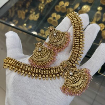 Antique Brass Necklace set Pebble Pink