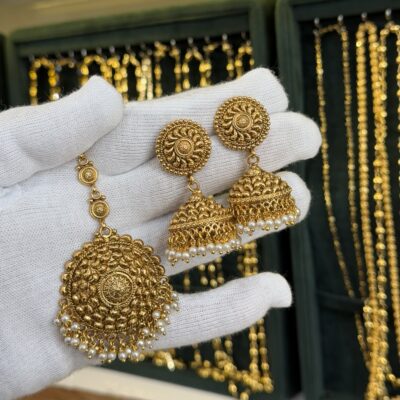 Antique Gold Look Jhumka Tikka Pearl
