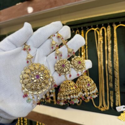 Antique Gold Look Most Famous Jhumka with Sahare And Tikka Navratna