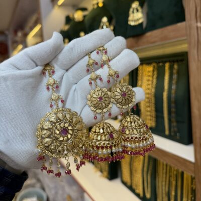 Antique Gold Look Most Famous Jhumka with Sahare And Tikka Ruby