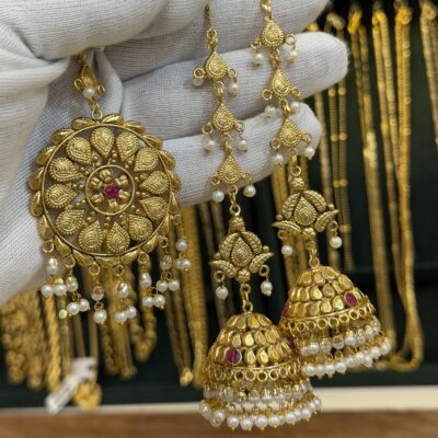Antique Gold Look Most Famous Jhumka with Sahare and Tikka