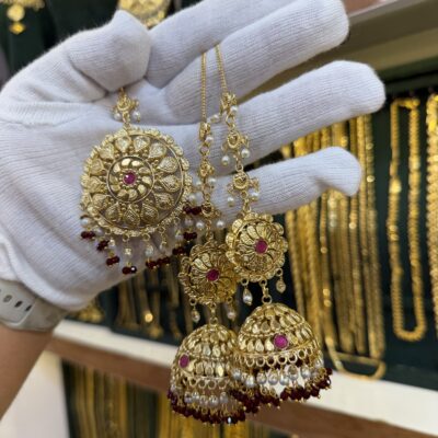 Designer Antique Gold Look Jhumka with Sahare and Tikka