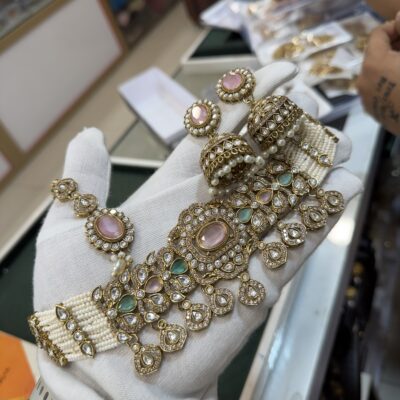 Premium AD Moizzonite Choker set Mint Pink