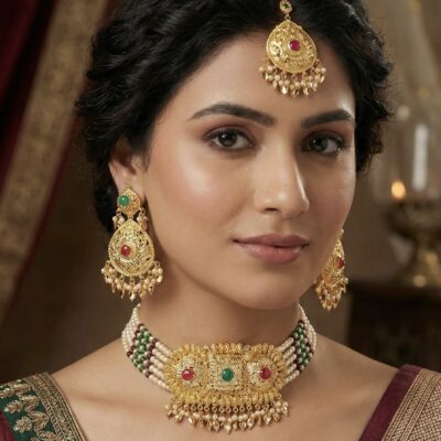 Real Gold Look Ruby Panna Pippal Patti Choker set